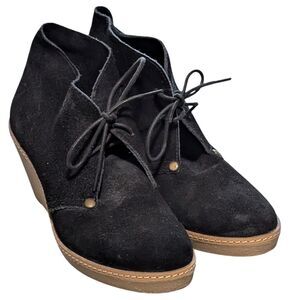 Lucky Brand June black leather suede lace up ankle bootie wedge washed casual